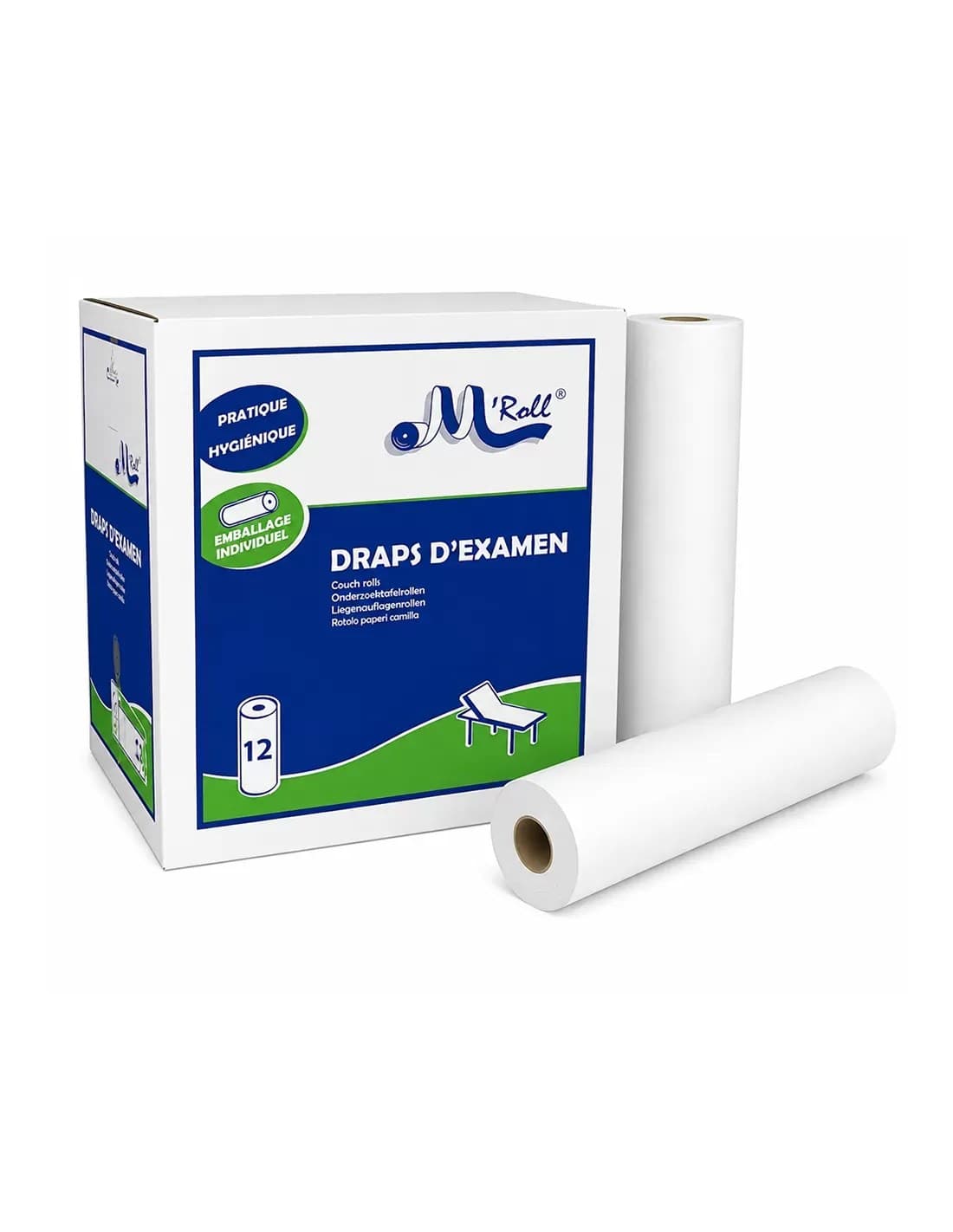 Draps d'examen ouatés lisse prédécoupés M'Roll - 12 rouleaux de 135 formats